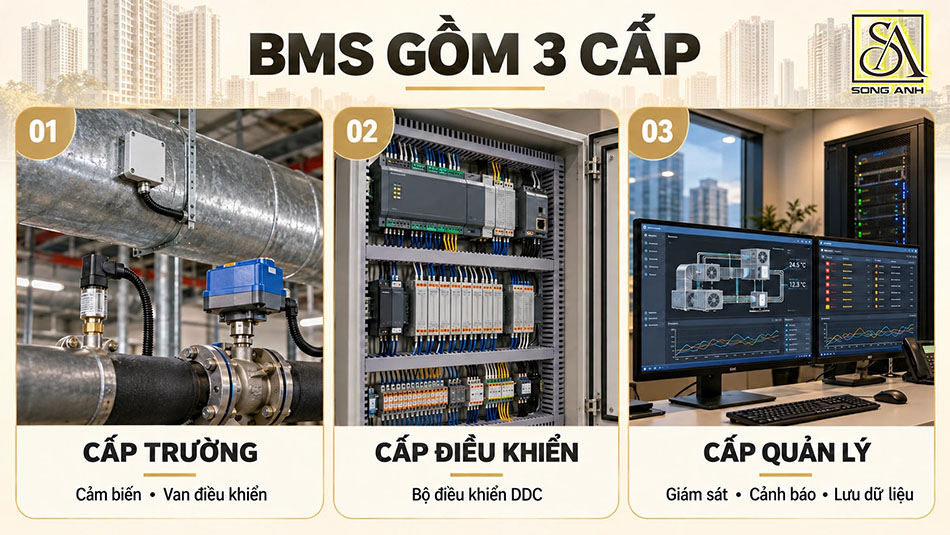 Ba cấp BMS gồm thiết bị trường, bộ điều khiển DDC và máy chủ giám sát trung tâm.
